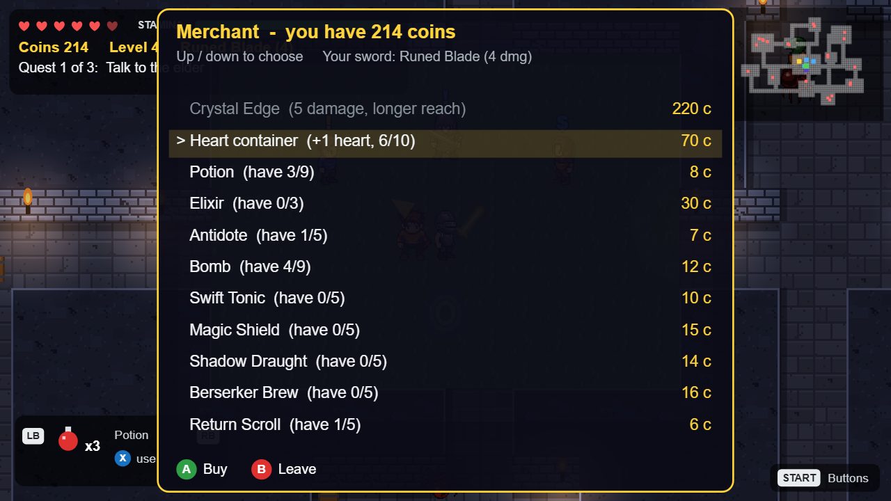 The merchant's shop: swords, heart containers and items with their prices.