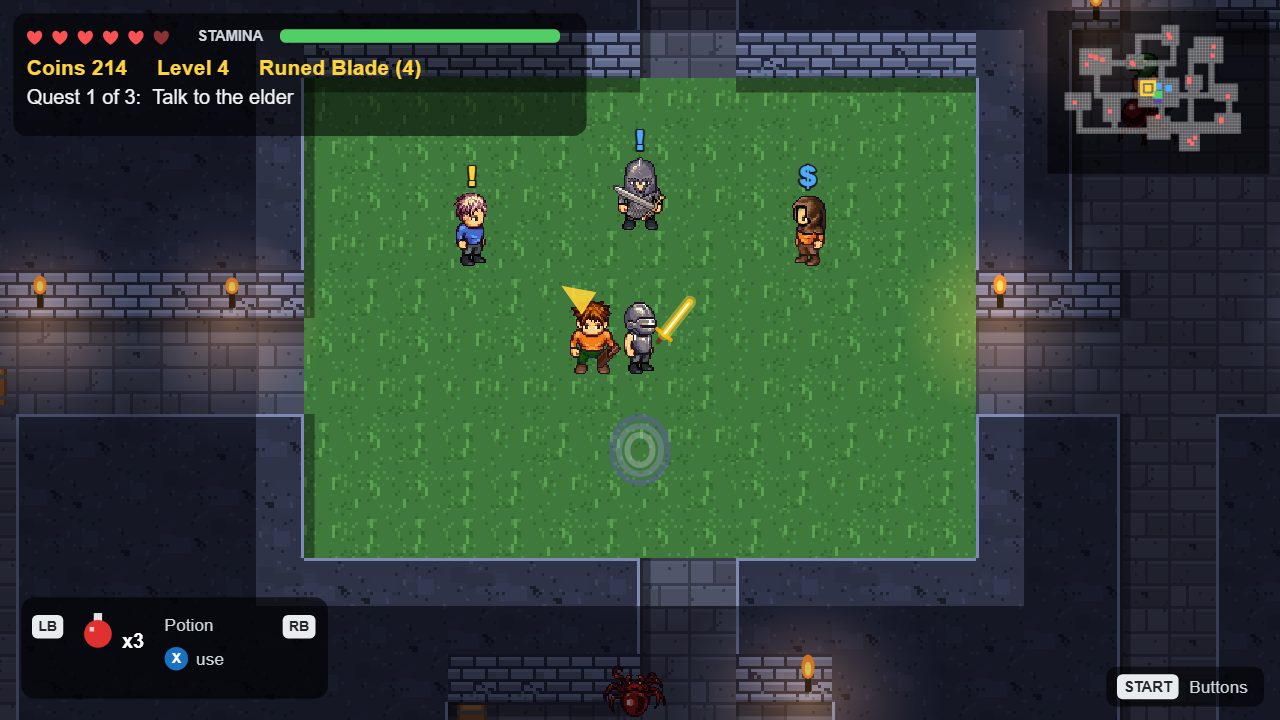 The town square: the elder, the bounty captain and the merchant, with the hero and his archer companion.